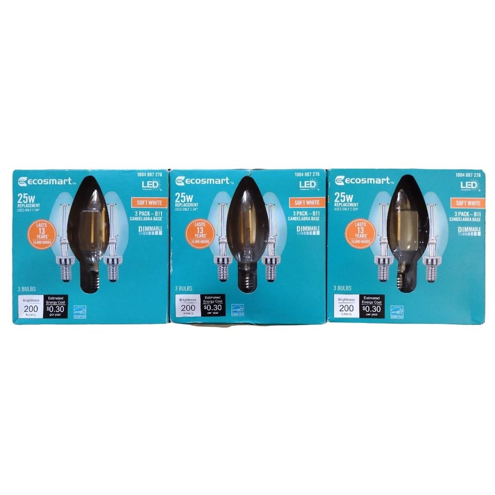 9-Pack EcoSmart B11 Candle Dimmable Glass Filament Vintage LED Light Bulb White